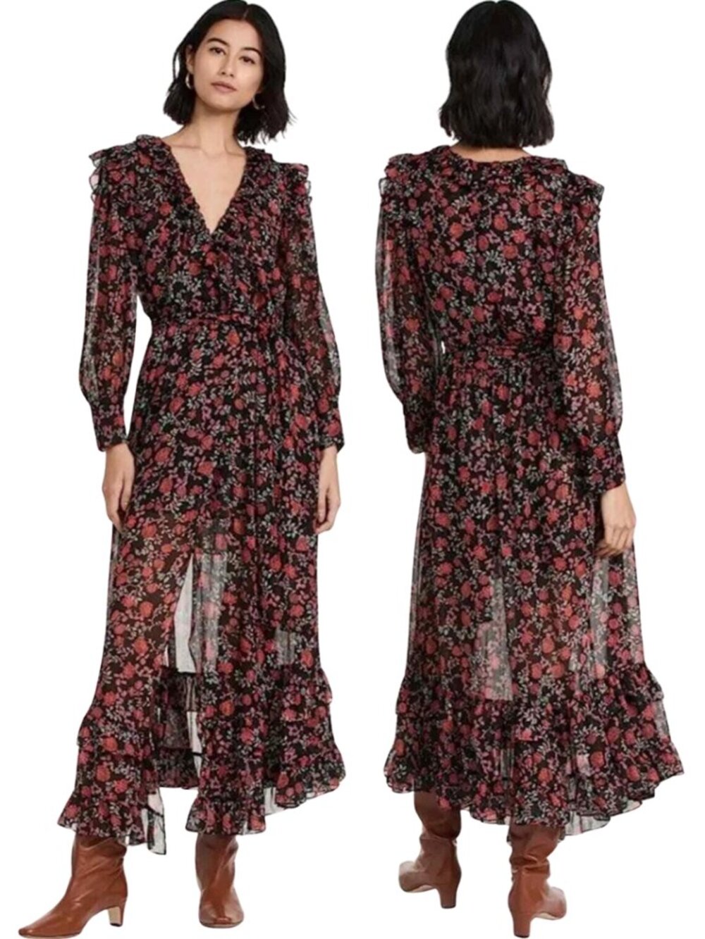 Misa Los Angeles Gabriela Wrap Maxi Dress Women's Medium Carnellian Blooms Black - Picture 2 of 16